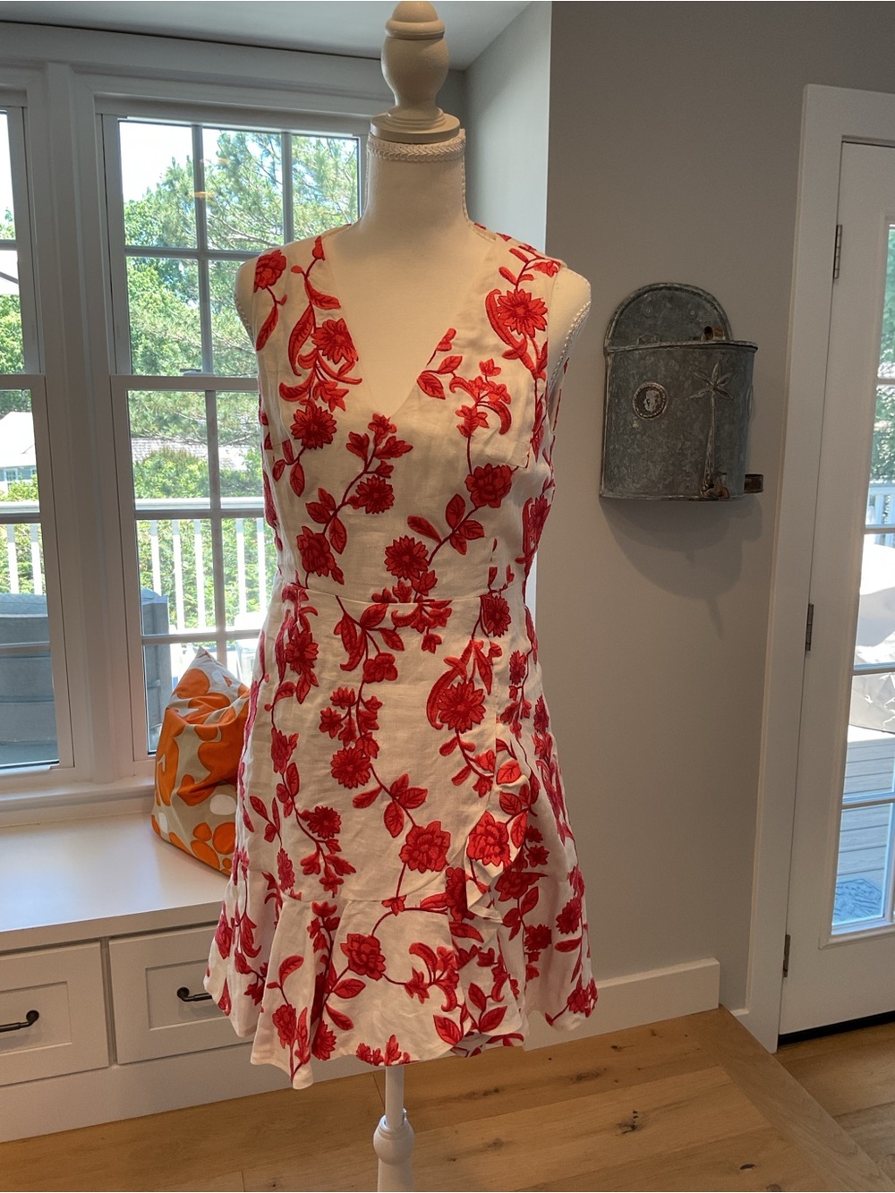 Rebecca Taylor White Mini Dress with Red Floral Embroidery